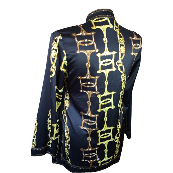 ECI New York Chain Print Satin Blouse Black Gold Long Sleeve Tunic Top 14 - Picture 10 of 16